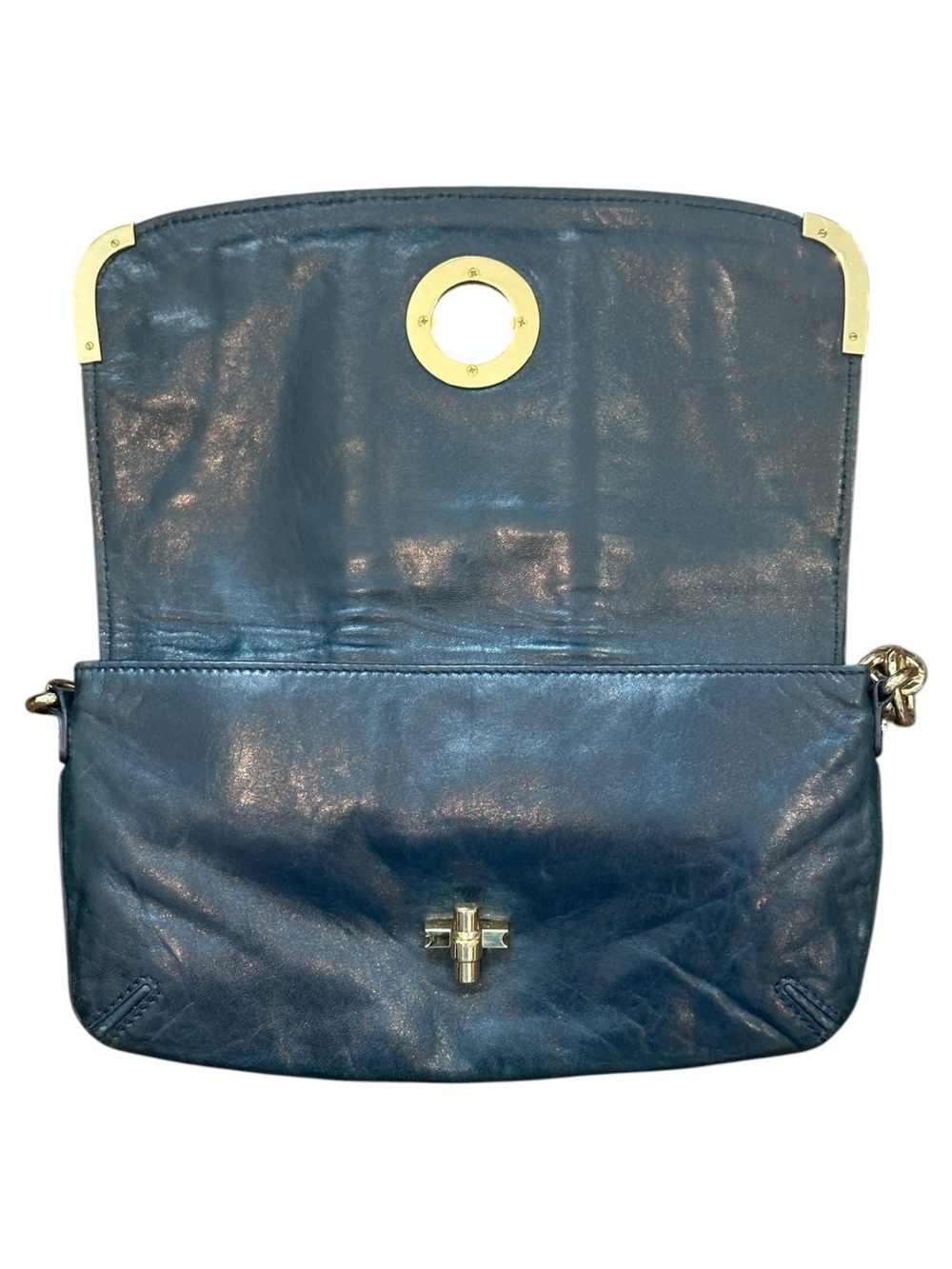 VTG Y2K Milly Racing Stripe Leather Chain Strap Turn Lock Shoulder Bag Navy/Red - Picture 4 of 6